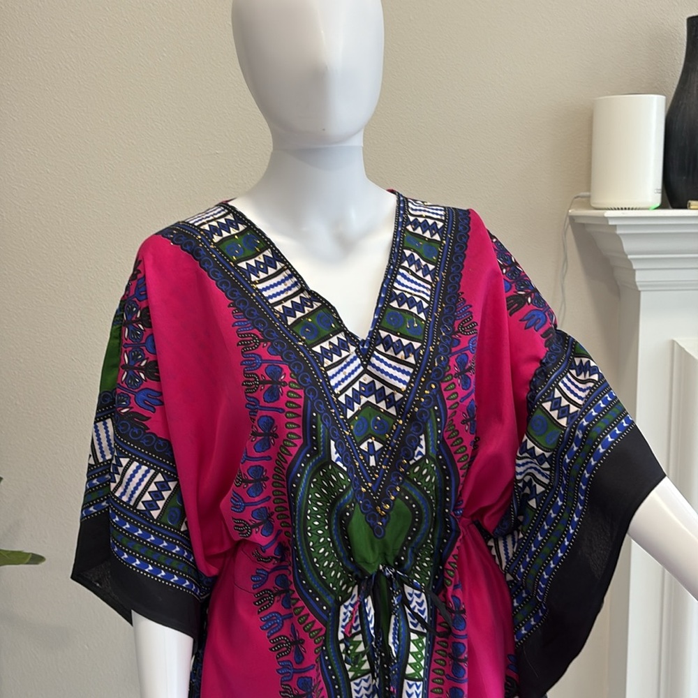 California Woman Aztec Border Patterned Caftan Beach Cover Up Drawstring Waist - Picture 5 of 13